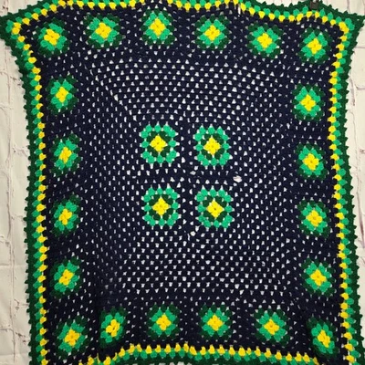 Manta afgana cuadrada de ganchillo de abuela hecha a mano de colección verde marino amarillo tiro 48x40 Foto 1 de 4