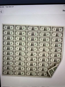 $1 One Dollar Bills Full Uncut Currency Sheet of 50 Notes Sealed in Tube - Picture 1 of 5
