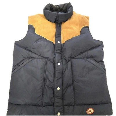Chaleco acolchado de plumón camel años 70/80 de colección para hombre XXL azul marino gamuza cuero yugo parche broches de presión Foto 1 de 4