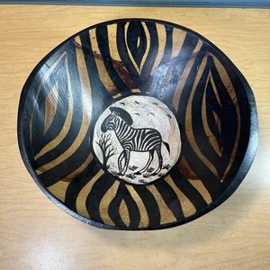 Wooden Bowl Zebra Africa Folk Art Decorative Dish 10” Across 3.5” Deep - Picture 1 of 5
