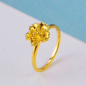 Real 999 24K Yellow Gold 3D Hard Gold Flower Ring US6.5 Best Gift For Women