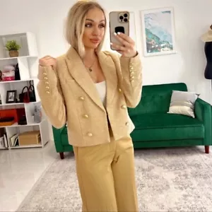 Chaqueta Blazer House of Harlow Tweed Recortada Tostada Talla XS Botones Dorados Neutro - Imagen 1 de 12