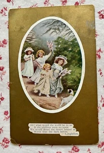 Postal de oro vintage de principios del siglo XX para niños victorianos y niñas con cotización larga - Imagen 1 de 6