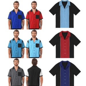 Mens Bowling Shirts Retro Button Down Color Block Striped Notched Collar Shirt - Picture 1 of 79