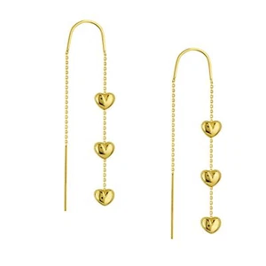 Triple Puffed Heart Threader Earring Real 14K Yellow Gold - Picture 1 of 2