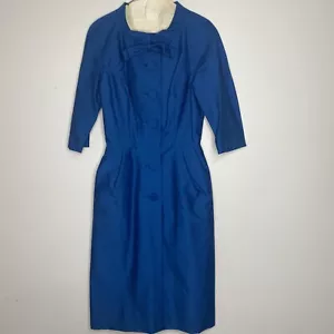 Vintage 1950er Jahre Kleid Gr. 10 Krinoline Rock Knopfleiste Schleife blaublau Midi - Bild 1 von 11