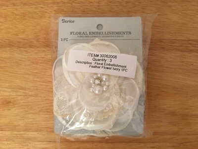Darice #30062008 Marfil Floral Adorno Pluma Flor Paquete de 3 Piezas Foto 1 de 3