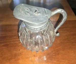 Vintage Cut Glass Creamer Syrup Pitcher with Hinged Lid Notched Prism? - Picture 1 of 12
