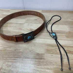 Blue Sky Sterling Silver & Turquoise Bolo Tie and Belt Buckle with Leather Belt - Picture 1 of 19