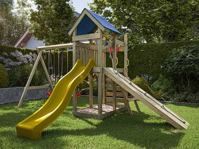 Spielturm Spielhaus Holz mit Kletterwand Doppelschaukel Rutsche gelb Sitze rot - Bild 1 von 4