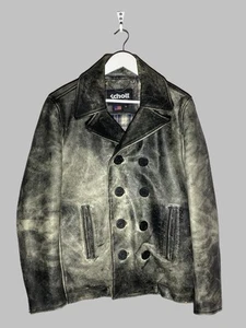 Schott NYC Caban Cowhide Leather Pea Coat Vintage Distressed Jacket Grey M USA - Picture 1 of 24