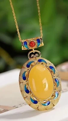 Piedra de resina de cera de abejas amarilla, esmalte, collar tono dorado, hermosa cadena, boho Foto 1 de 4