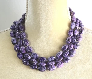 Purple Gemstone Necklace Sterling Silver Beaded 3 Strand - 18 inch Length - Picture 1 of 10