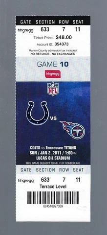 PEYTON MANNING FINAL COLTS GAME vs TITANS - January 2 2011 NFL FULL TICKET Cover