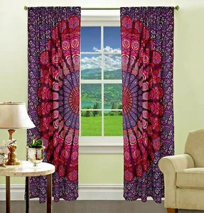 Indian Cotton Pink Peacock Mandala Window Curtain Balcony Door Curtains Valances - Picture 1 of 3