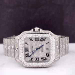 Cartier Santos Hombres 40mm Grande Reloj de Acero Romano Helado 20ct Diamantes - Imagen 1 de 10