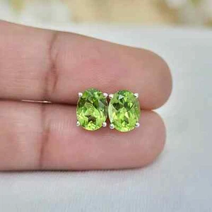 3 CT Oval Solitaire Lab Created Peridot Stud Earrings 14k White Gold Finish - Picture 1 of 5