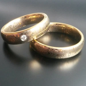 Wolfram Damaskus Ehering Moissanit Diamant Trauring Gelbgold Tungsten - Picture 1 of 3
