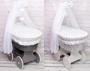 Wicker Wheels Moses Basket Baby Full Bedding Set Canopy Drape Bow Hearts White - Picture 1 of 7