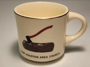 Vintage Boy Scouts of America Sam Houston Area Council Coffee Cup Mug Ax in Log - Picture 1 of 6