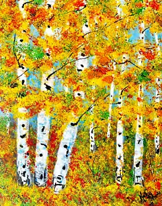 Golden aspen birch trees painting print of original painting ACEO 3.5x2.5 - Picture 1 of 4