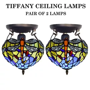 Tiffany style Ceiling Lamp 10 Inch Stained Glass Shade Handcrafted Pair of 2 UK. - Picture 1 of 13
