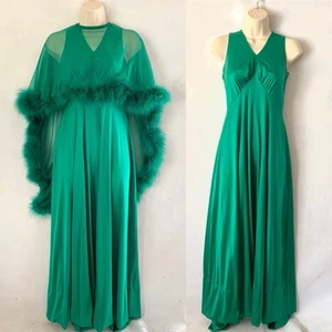 70s Dressing Gown 2 Piece With Feather Boa Sheer Poncho Size Small Vintage - Picture 1 of 10