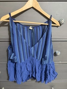 Anthropologie Akemi + Kin Bala Tasseled Cami Blue Medium EUC - Picture 1 of 3