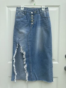 Falda sin Mangas SJYP Denim Azul Midi Envejecida Distraída Destruida Pequeña S Usada en Excelente Condición $370 - Imagen 1 de 12