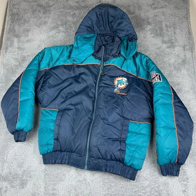 Vintage Miami Dolphins Puffer Jacket Size L Pro Player Coat Hooded NFL Men's  - Image 1 of 4