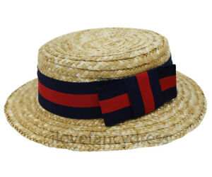 Classic Straw Boater Hat Red Black Band Fancy Dress St Trinians School Hen Party 