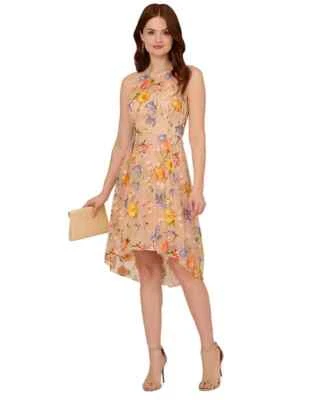 Vestido midi Adrianna Papell para mujer bordado floral alto bajo amarillo naranja 6 Foto 1 de 4