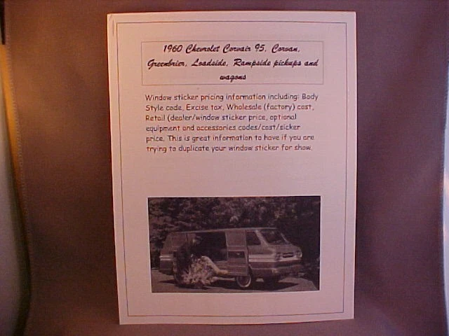 1961 Chevrolet Corvair truck factory cost/dealer sticker prices for base+options - Image 1 of 1