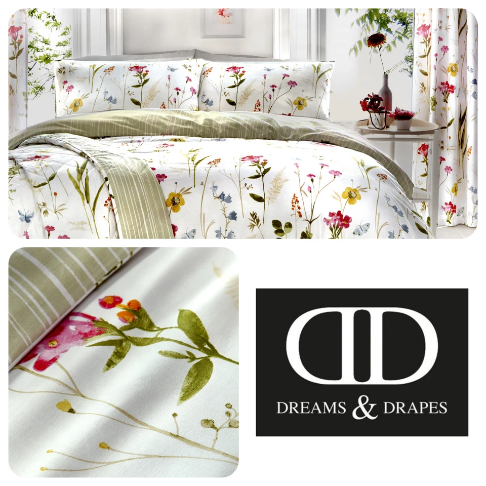 Dreams & Drapes SPRING GLADE Floral Bedding & Pencil Pleat Curtains White Green - Image 1 of 1