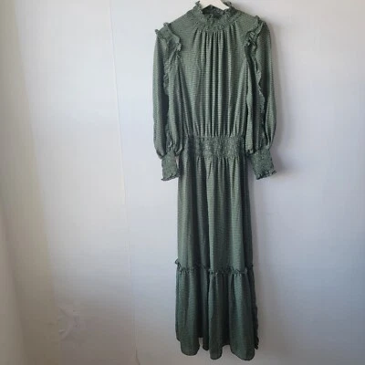 Max Studio Womens Long Sleeve Smocked Midi Dress sz M Ruffled High Neck sheer - Image 1 of 4
