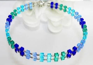 Halskette Würfelkette Würfel Kristall Glas türkis blau hellblau dunkelblau 095f - Bild 1 von 10