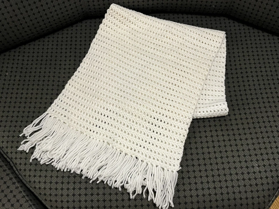 Vtg Handmade WHITE Crochet Shawl Wrap Fringe Wedding Prom Party - Image 1 of 1