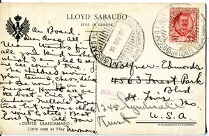 1927 Italia Sea Post "Conte Biancamano" cubierta redirigida a San Luis MO EE. UU. - Imagen 1 de 3