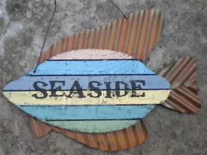 SEASIDE FISH Rustic Wood & Metal Sign Beach House CottageTiki Bar Home Decor - Picture 1 of 2