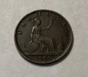 1860 Great Britain Farthing Toothed Border Better Grade - Picture 1 of 4