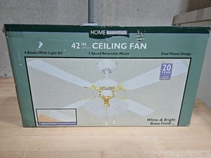 Home Essentials 42" Ceiling Fan White/Oak Blades Finish Reversible Motor Brass - Picture 1 of 6
