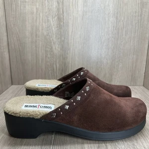 Minnetonka Mules Clogs Shoes Womens 11 Slip On Sherpa Lined Leather Brown 6502 - Picture 1 of 11