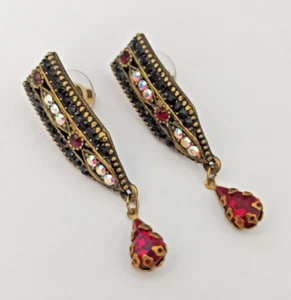 Michal Negrin Earrings Black Red Aurora Borealis Crystals Geometric Post Deco - Picture 1 of 15