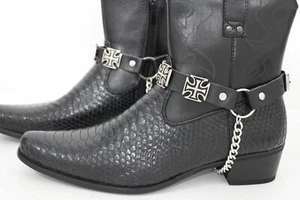 Biker Herren Stiefel Silber Metall Kette 2 Riemen Wochenende Kreuz Anhänger Motorradfahrer - Bild 1 von 12
