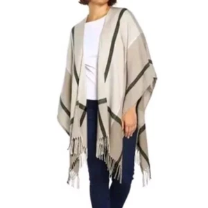 Three Dots Scarf Wrap Cashmere blend Shawl Neutral Colors Herringbone Fringe - Picture 1 of 12