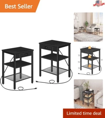 Industrial End Tables with Charging Station and USB Ports - Adjustable Shelves - Image 1 of 4