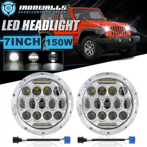 Pair 7" Round LED Headlights Chrome Hi-Lo Beam Lamp for JEEP Wrangler JK 2007-18 - Foto 1 di 12