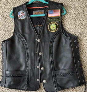 UNIK Ultra Leather Vest Large-Army Vietnam Veteran Harley Davidson Patches - Picture 1 of 19