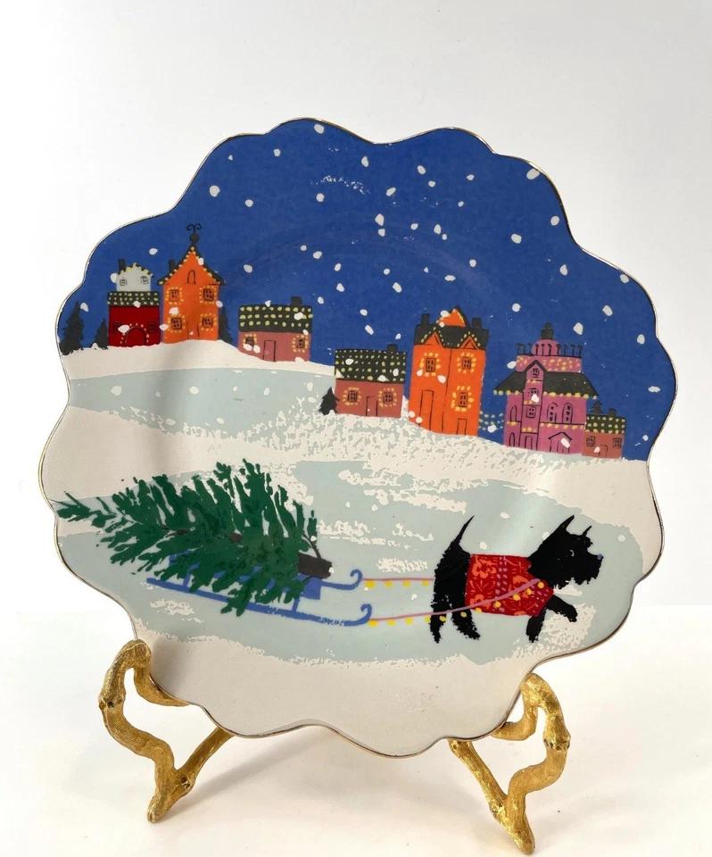 RARO NUEVO CON ETIQUETAS Plato Anthropologie EMILY ISABELLA Navidad Scottie Perro Árbol Plato Foto 1 de 3