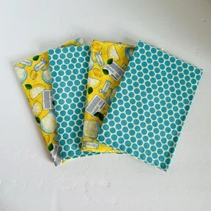 4er Set Handarbeit 100% Baumwolle Wende doppelseitige Servietten Limonade blaue Punkte - Bild 1 von 6
